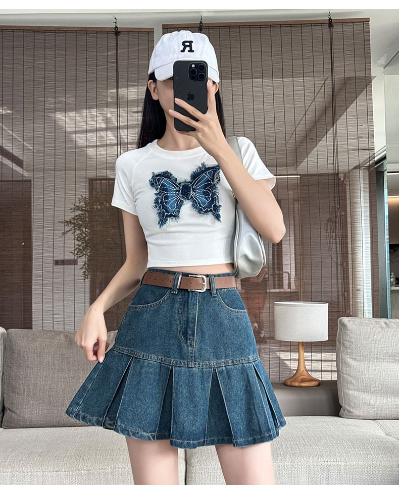 Pleated High A-Line Skirt Mini Denim Rise