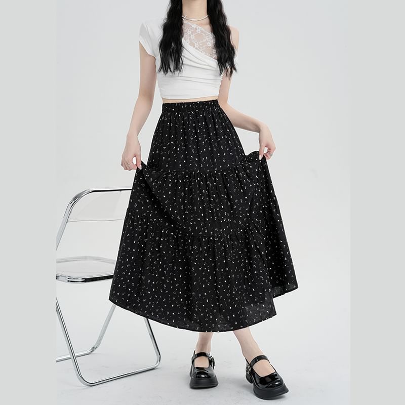 Tiered Waist Floral Elastic A-Line Skirt Midi