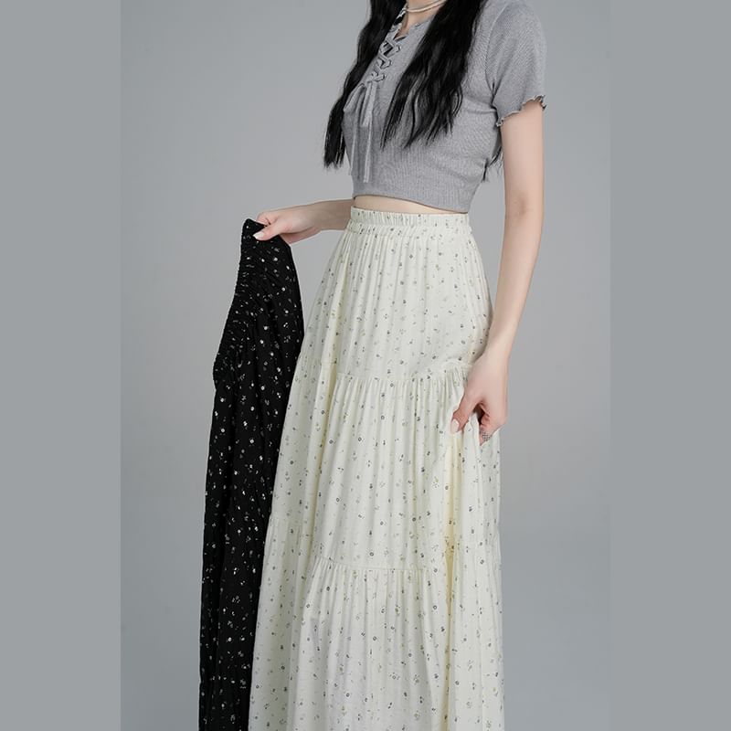 Tiered Waist Floral Elastic A-Line Skirt Midi