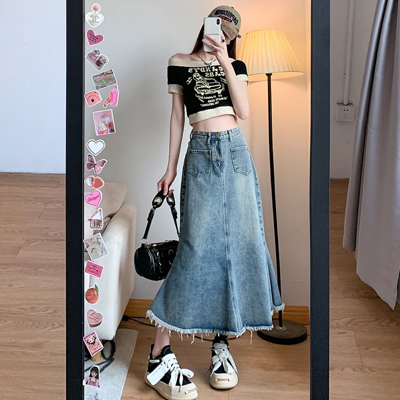 High Waist Fringed A-Line Midi Denim Skirt