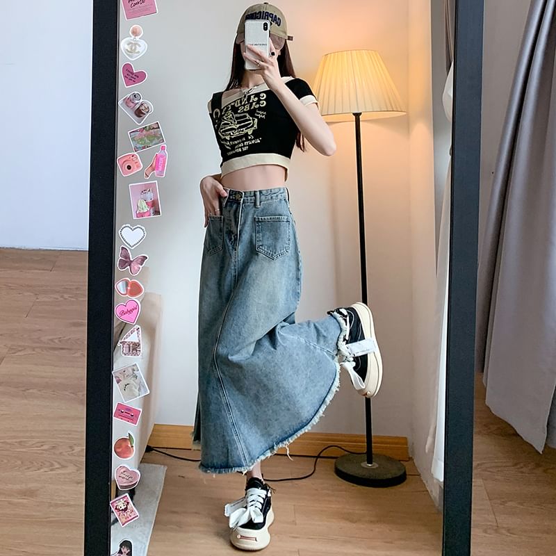 High Waist Fringed A-Line Midi Denim Skirt