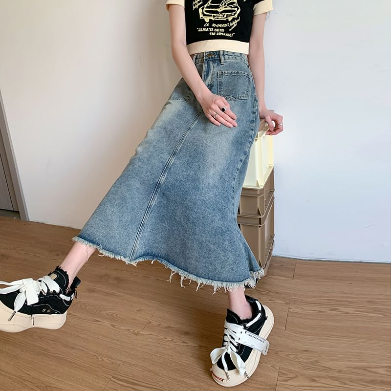 High Waist Fringed A-Line Midi Denim Skirt