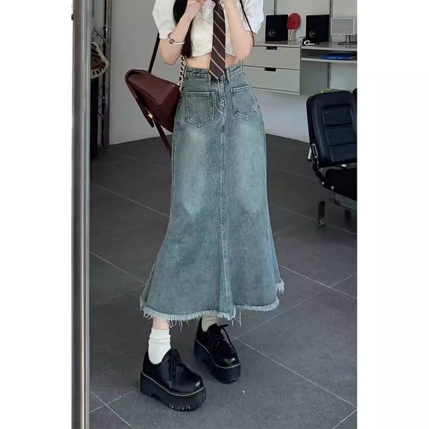 High Waist Fringed A-Line Midi Denim Skirt