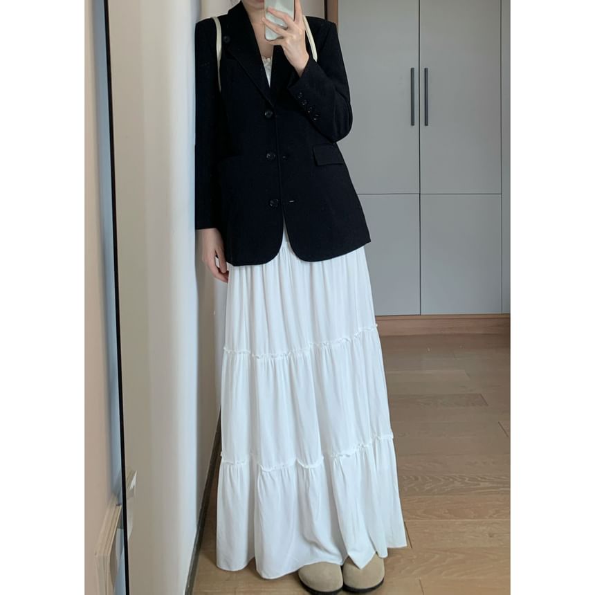 Skirt Maxi Elastic Tiered A-Line Plain Waist