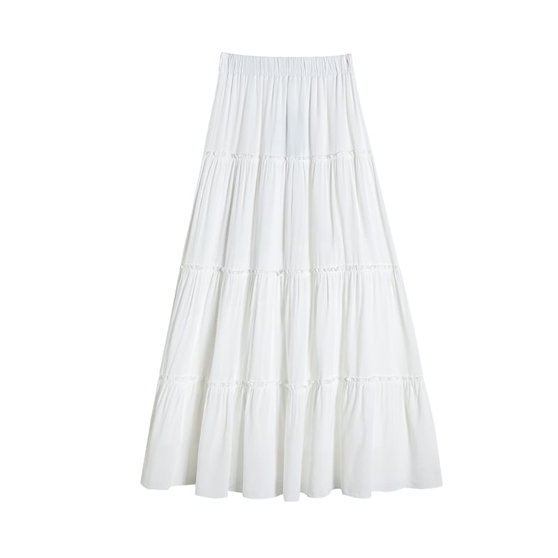 Skirt Maxi Elastic Tiered A-Line Plain Waist