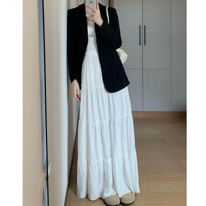 Skirt Maxi Elastic Tiered A-Line Plain Waist