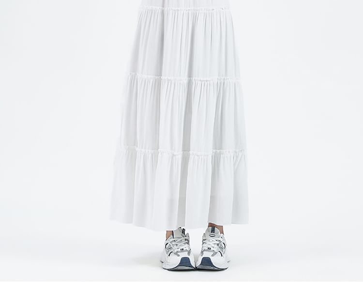 Skirt Maxi Elastic Tiered A-Line Plain Waist