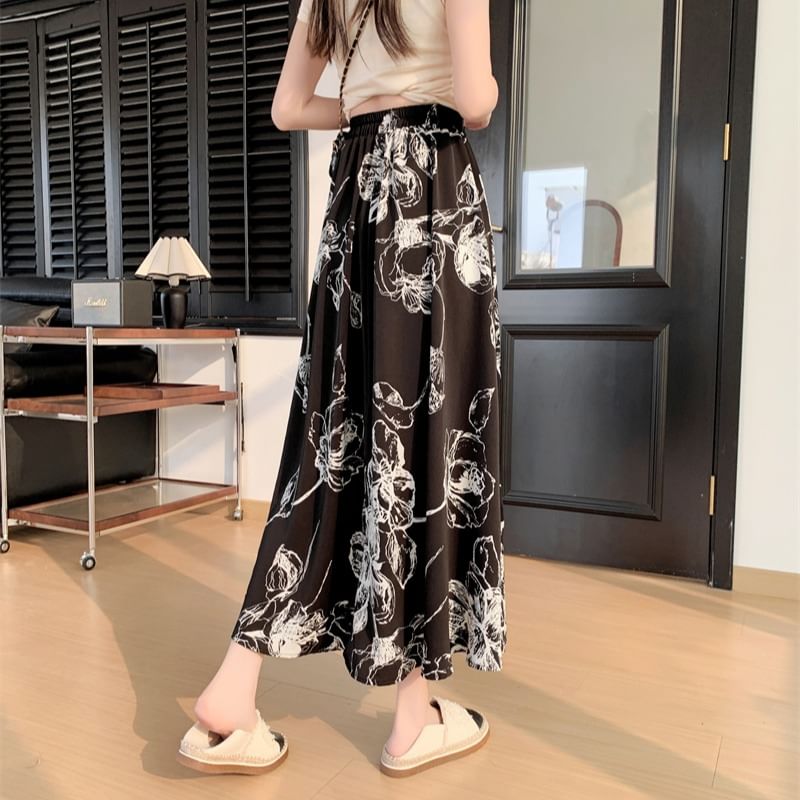 Skirt Waist A-Line Midi Floral Elastic