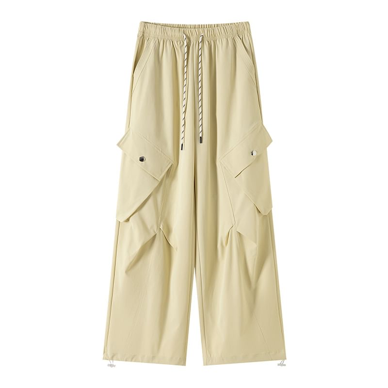 Plain Cargo Wide Waist Leg Pants Drawstring