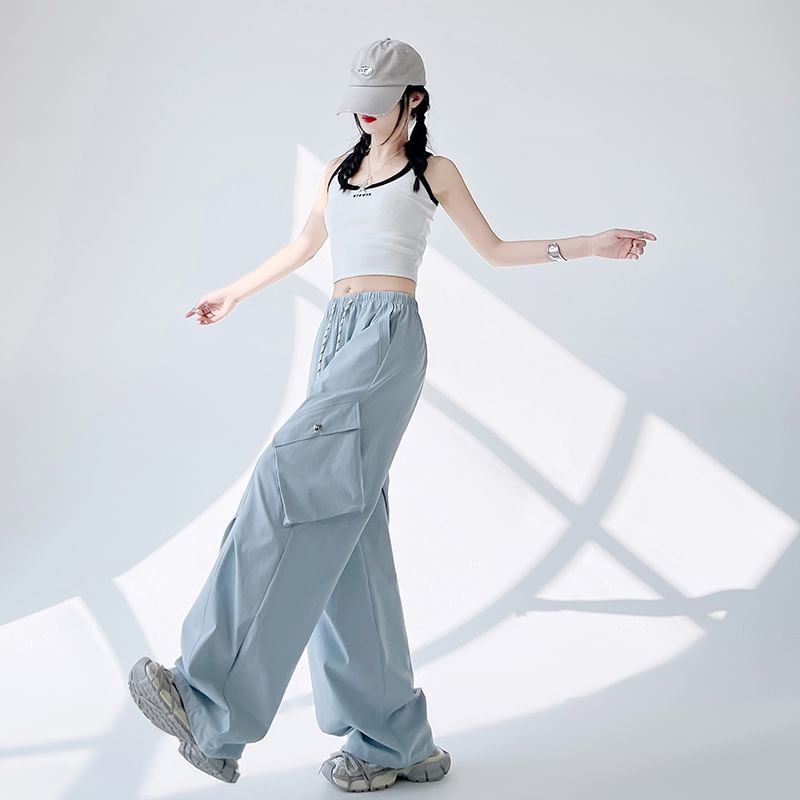 Plain Cargo Wide Waist Leg Pants Drawstring