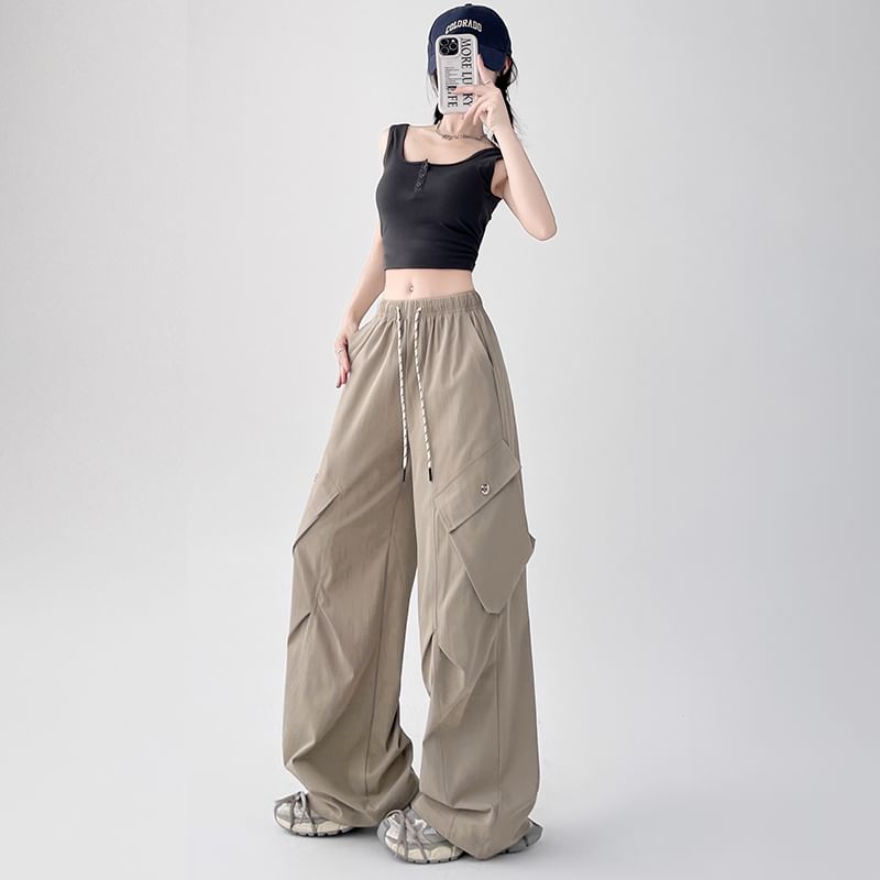 Plain Cargo Wide Waist Leg Pants Drawstring
