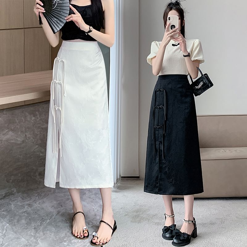 Waist A-Line Button Midi Jacquard High Slit Frog Skirt Floral