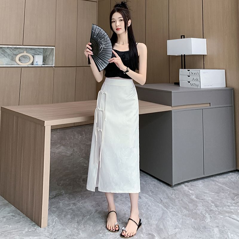 Waist A-Line Button Midi Jacquard High Slit Frog Skirt Floral