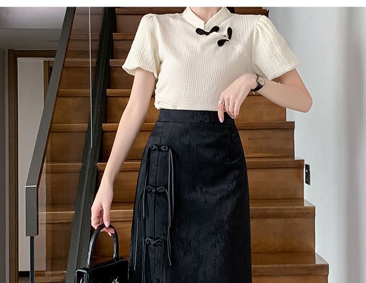 Waist A-Line Button Midi Jacquard High Slit Frog Skirt Floral