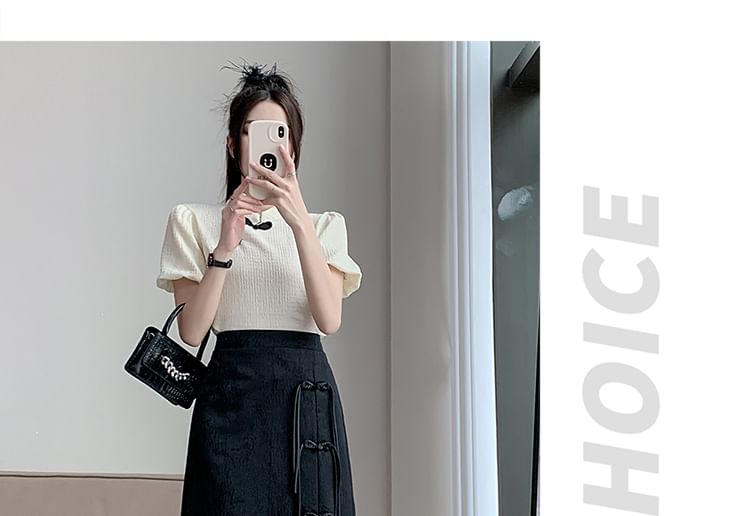 Waist A-Line Button Midi Jacquard High Slit Frog Skirt Floral