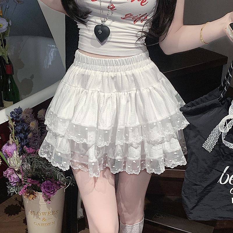 Lace Trim A-Line Tiered Skirt Mini Waist Plain Elastic