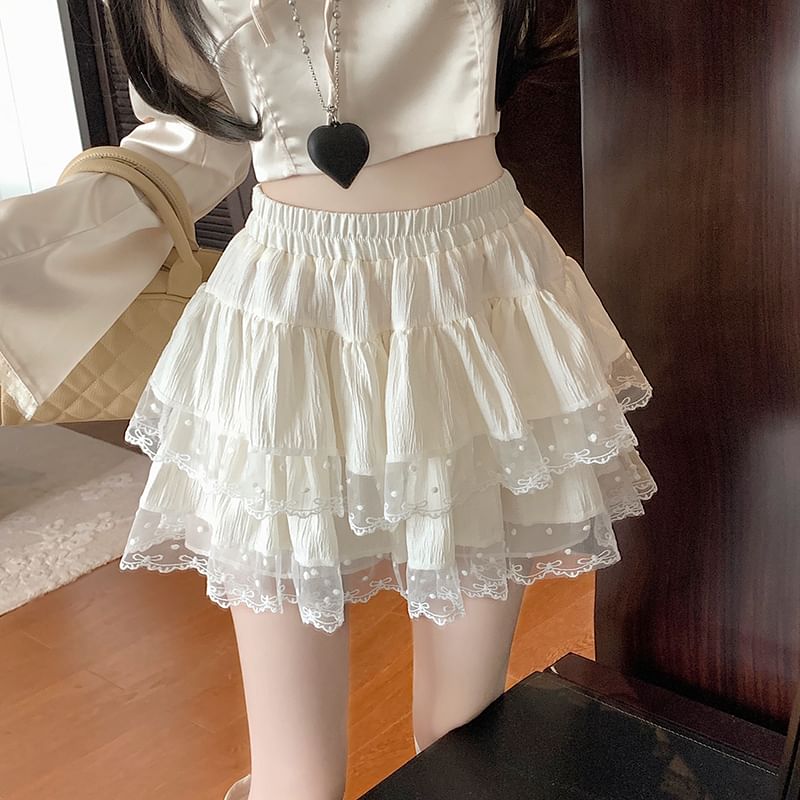Lace Trim A-Line Tiered Skirt Mini Waist Plain Elastic