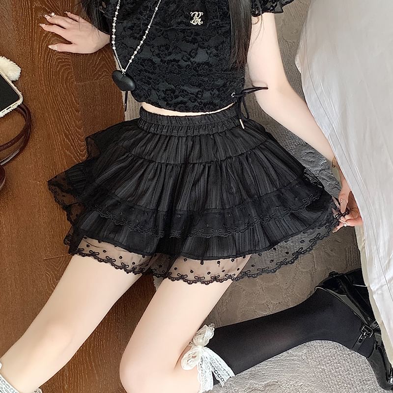 Lace Trim A-Line Tiered Skirt Mini Waist Plain Elastic