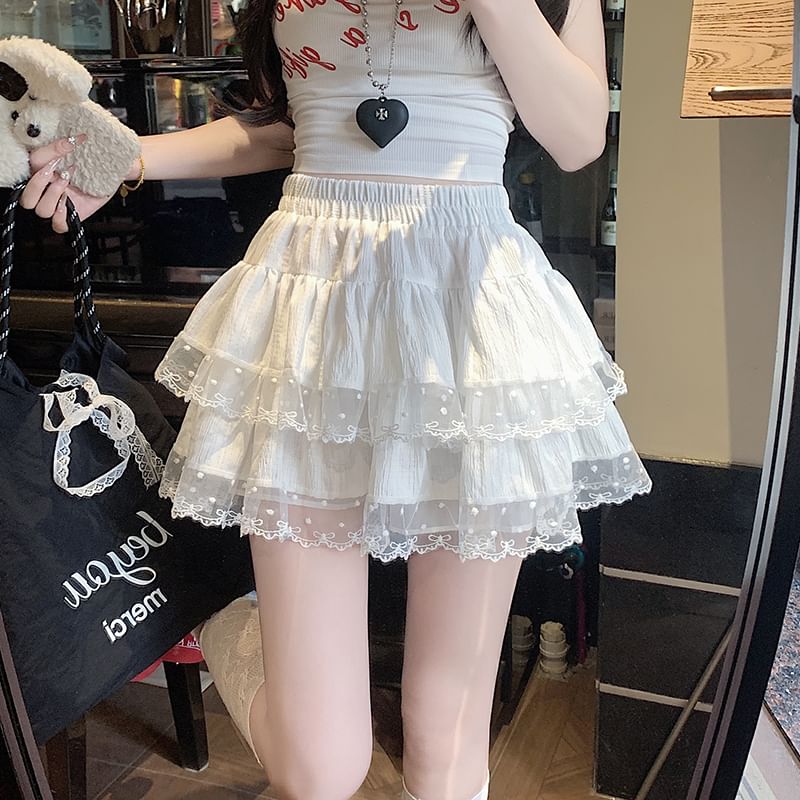 Lace Trim A-Line Tiered Skirt Mini Waist Plain Elastic