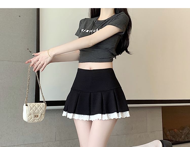Pleated High Waist Trim Skort Lace