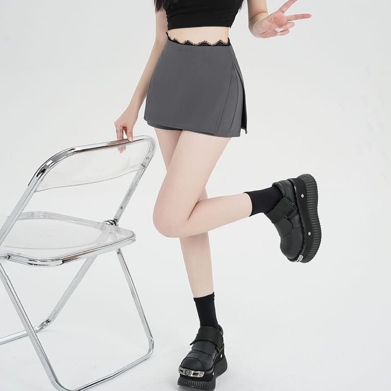 Waist Lace Trim Skort High Slit