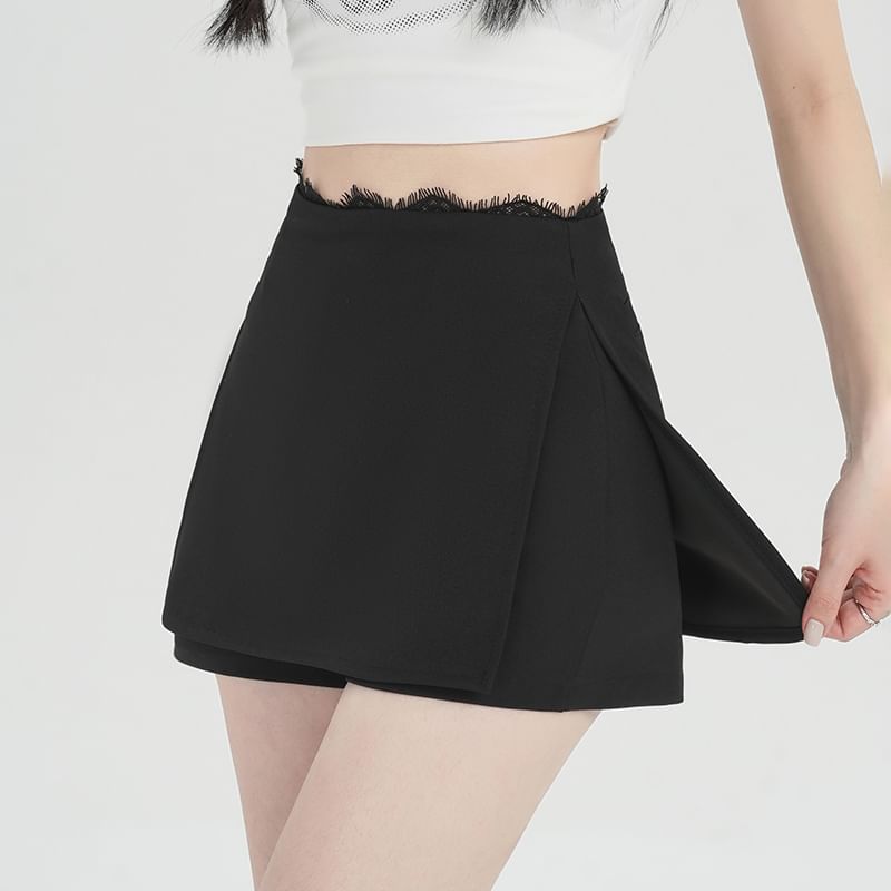 Waist Lace Trim Skort High Slit