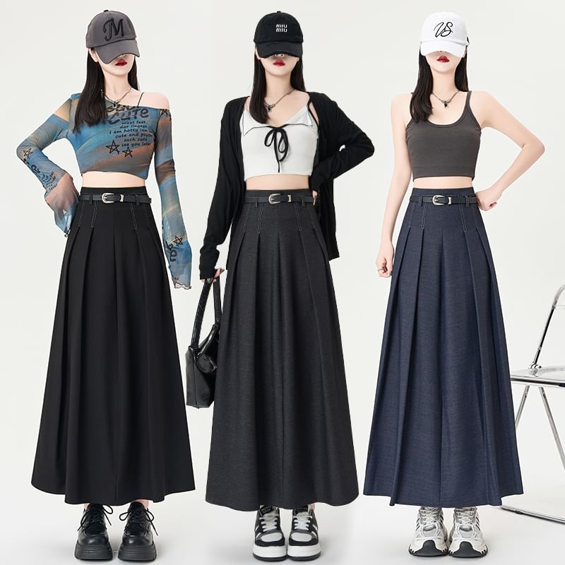 Waist Midi High Denim Pleated A-Line Skirt