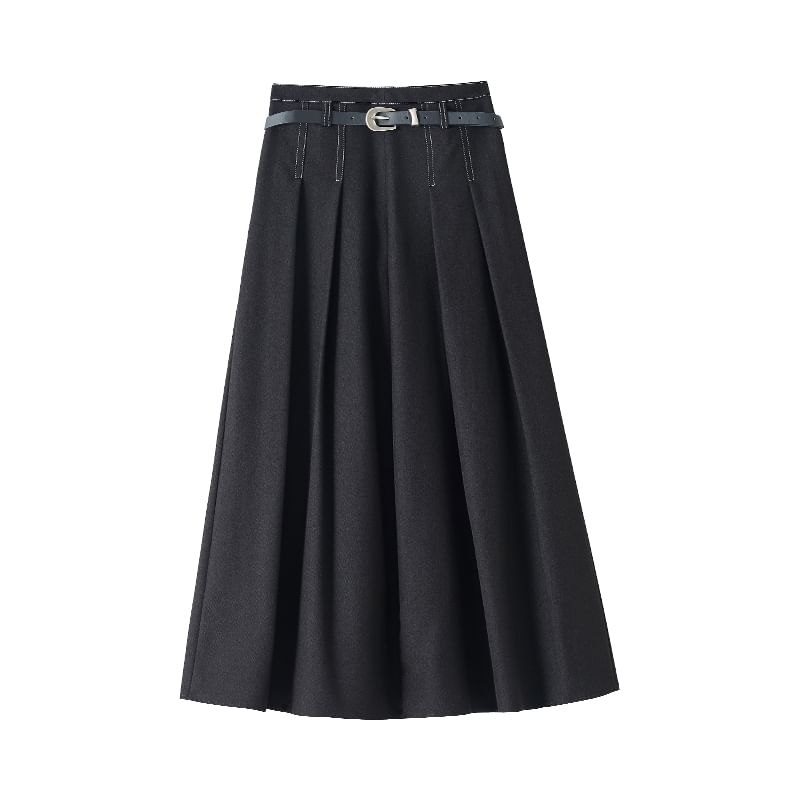 Waist Midi High Denim Pleated A-Line Skirt