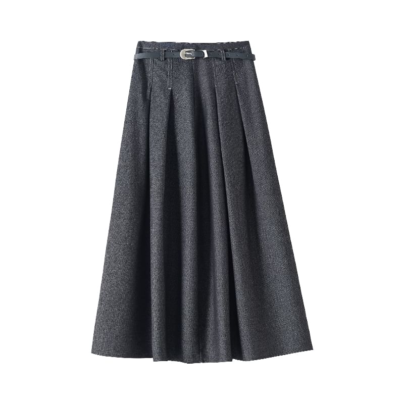 Waist Midi High Denim Pleated A-Line Skirt