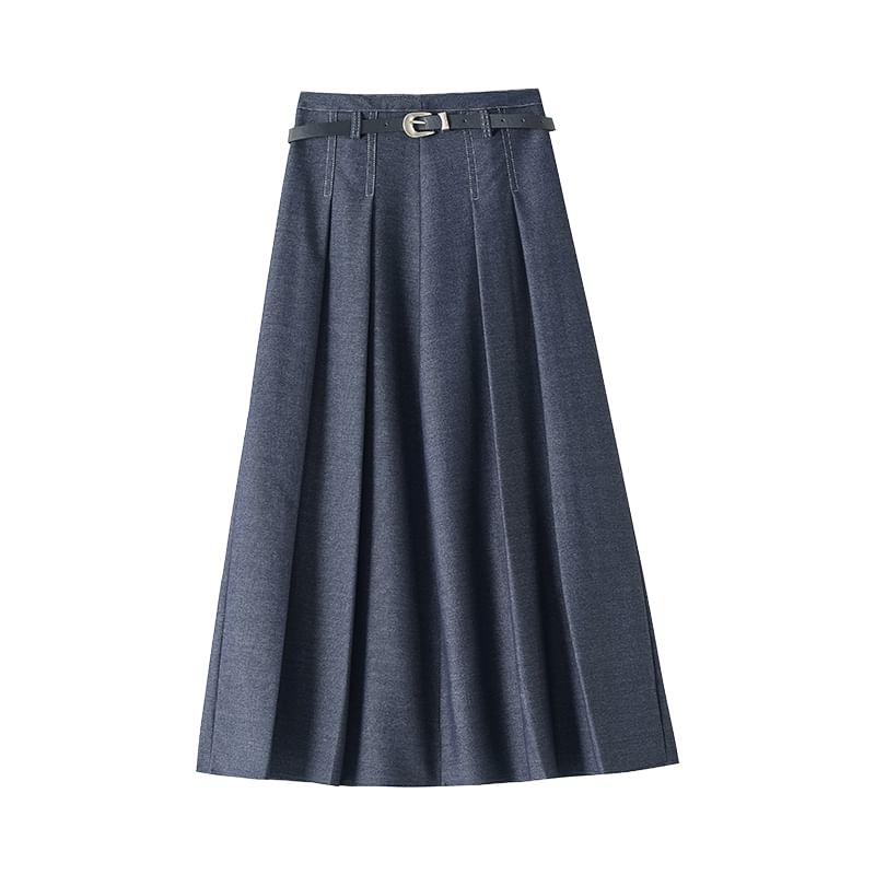 Waist Midi High Denim Pleated A-Line Skirt