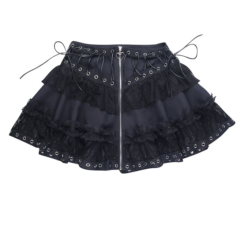Layered Mini Flared Skirt with Lace Panels and Lace-Up High Rise
