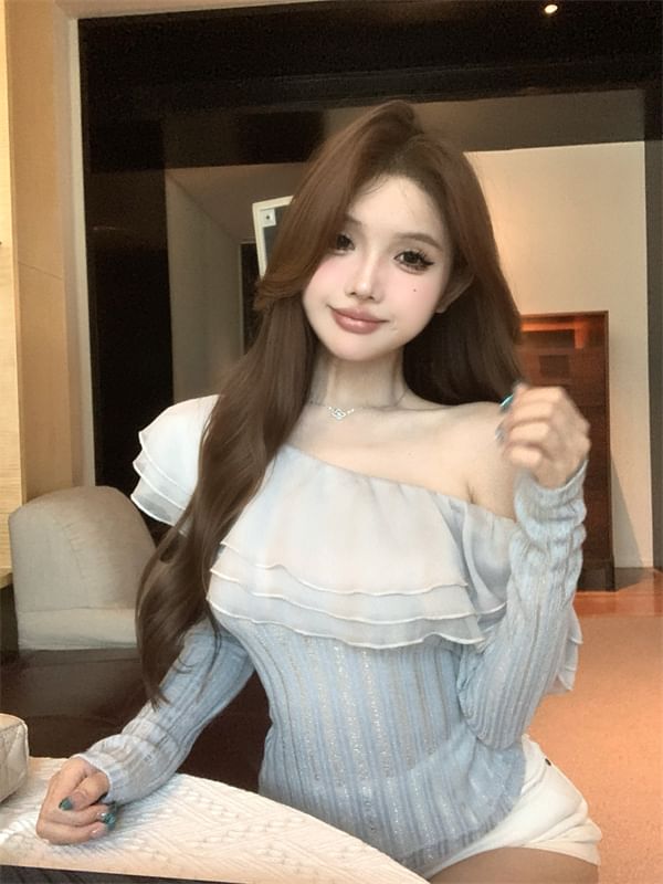 One Plain Top Glitter Long-Sleeve Shoulder Crop Trim Ruffle