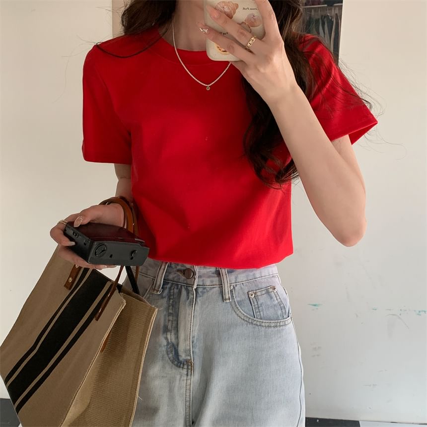 T-Shirt Plain Crewneck Crop Short-Sleeve