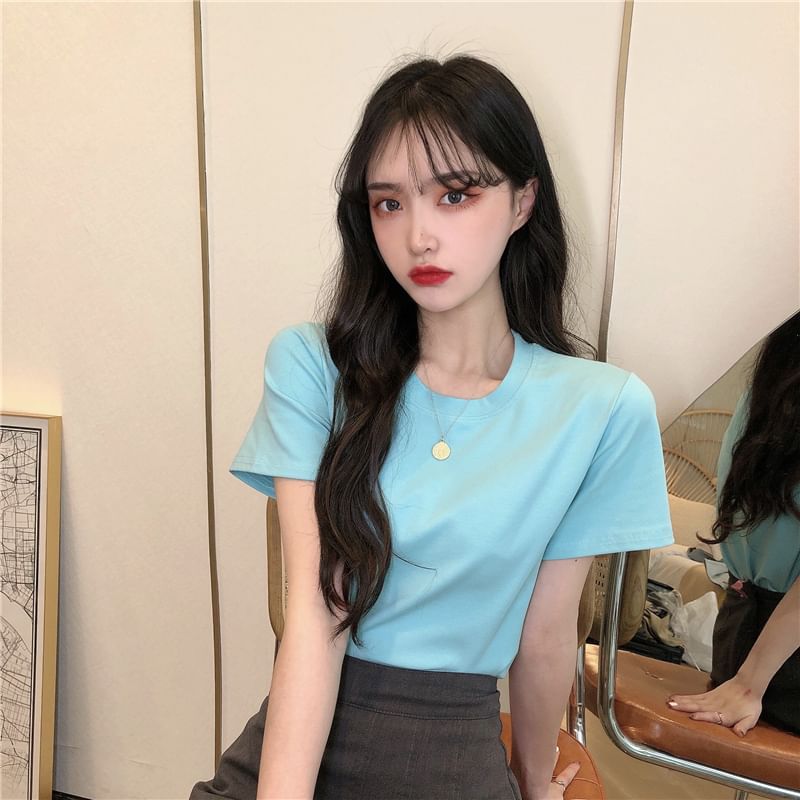 T-Shirt Plain Crewneck Crop Short-Sleeve