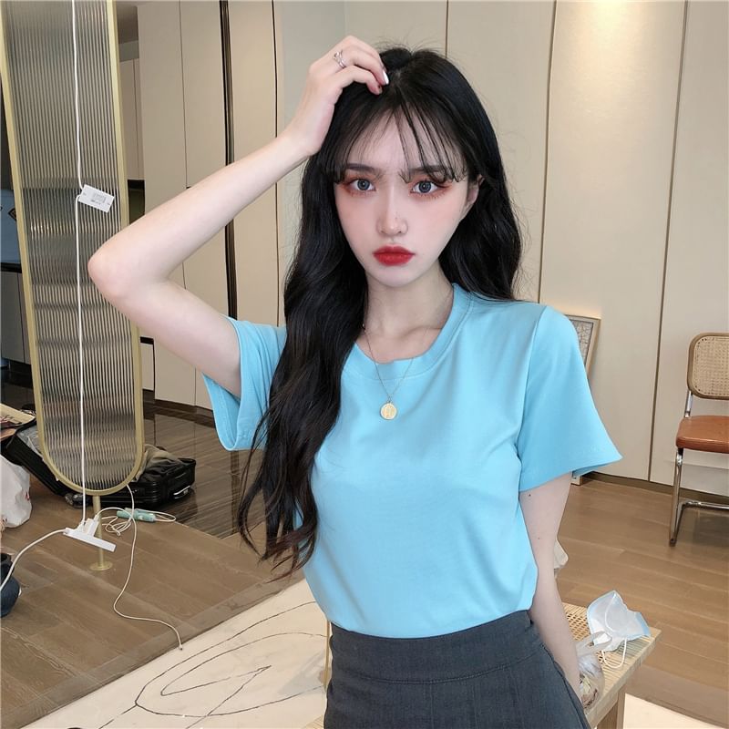 T-Shirt Plain Crewneck Crop Short-Sleeve