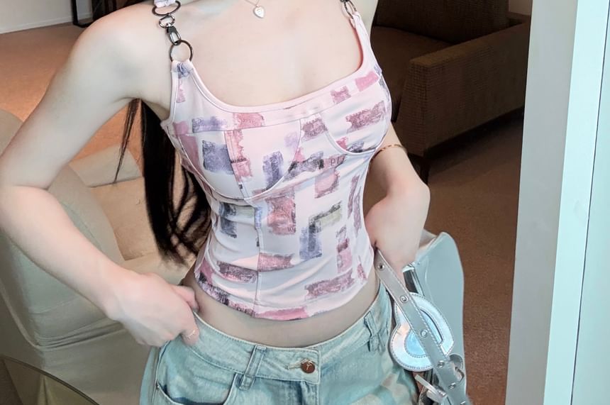 Print Buckle Patterned Top Neck Square Tank