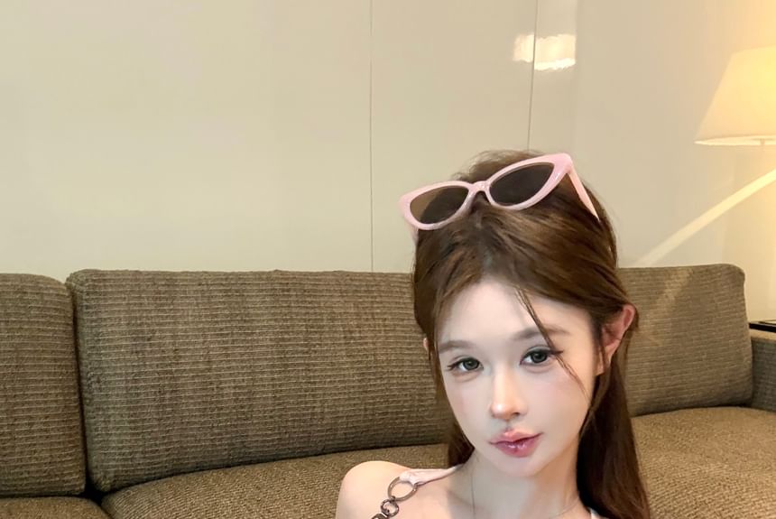 Print Buckle Patterned Top Neck Square Tank