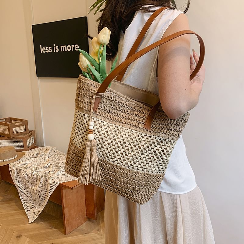 Tote Tassel Woven Two-Tone Bag