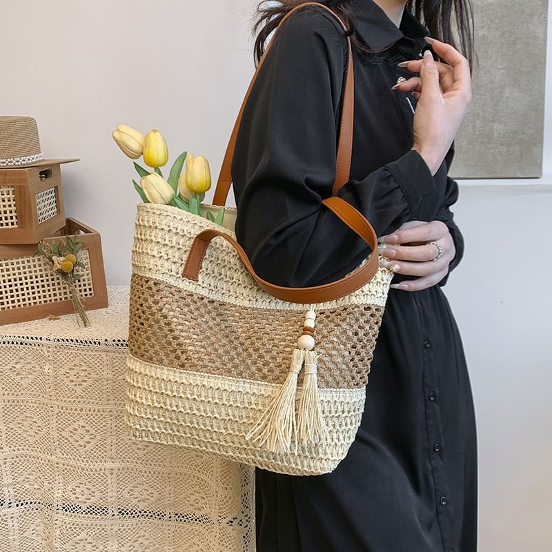 Tote Tassel Woven Two-Tone Bag