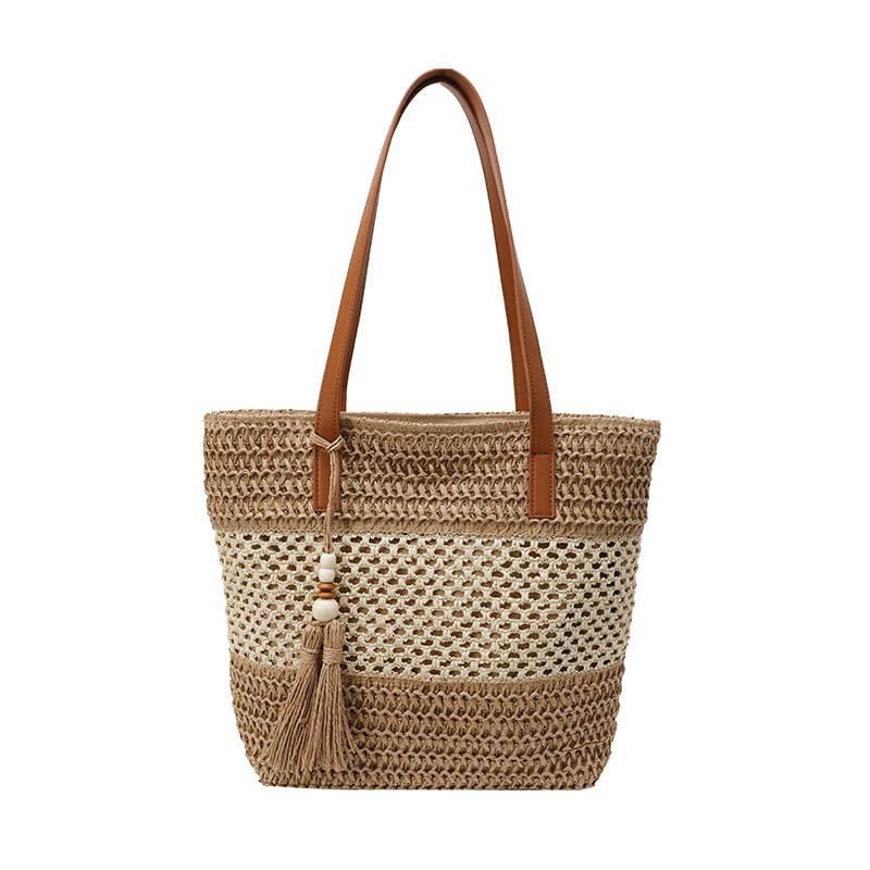 Tote Tassel Woven Two-Tone Bag