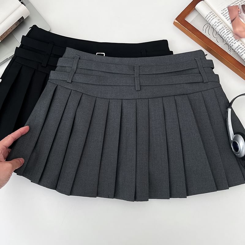 Belted Accordion Pleated Mini A-Line Skirt with High Waist