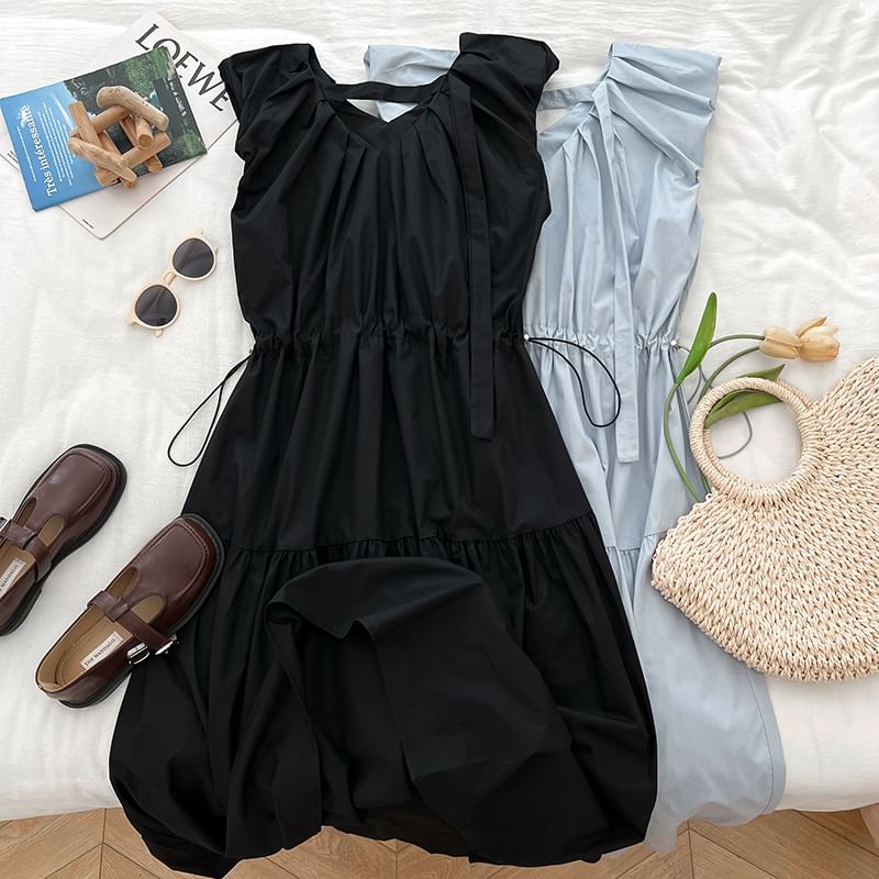 Drawstring Waist Ruched Panel V-Neck Sleeveless Maxi Dress