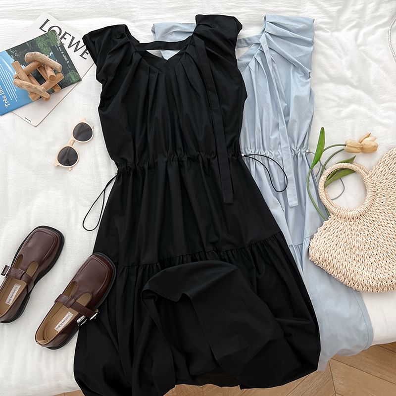 Drawstring Waist Ruched Panel V-Neck Sleeveless Maxi Dress