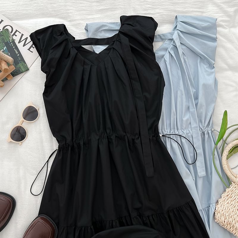 Drawstring Waist Ruched Panel V-Neck Sleeveless Maxi Dress