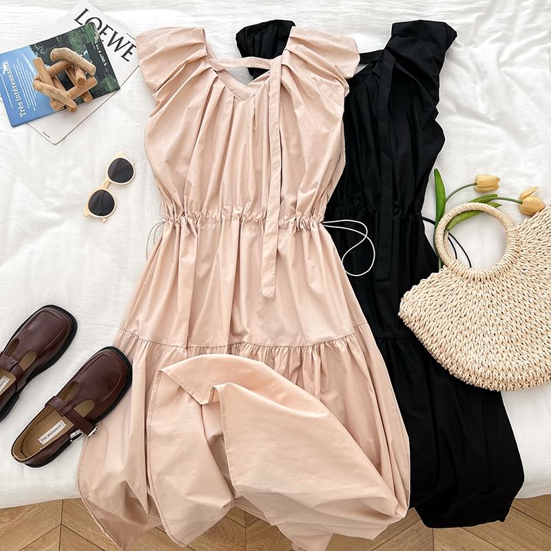 Drawstring Waist Ruched Panel V-Neck Sleeveless Maxi Dress