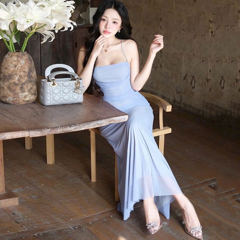 Sheer Ruched Bodycon Maxi with Spaghetti Straps