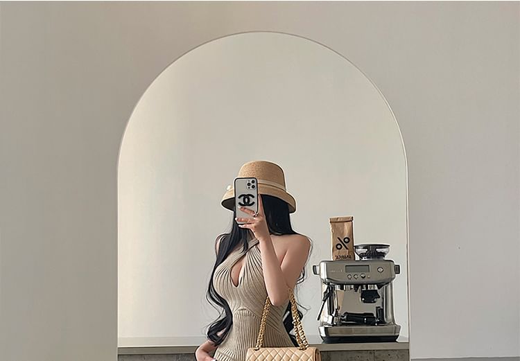 Cutout Halter Neck Knit Bodycon Maxi Dress