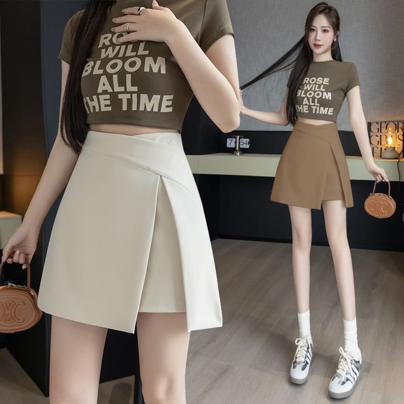 High Waist Slit Mini A-Line Skirt with Plain Finish