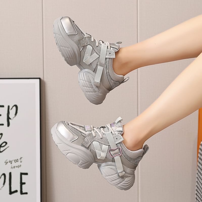 Lace-Up Platform Mesh Panel Rhinestone Sneakers Faux Leather