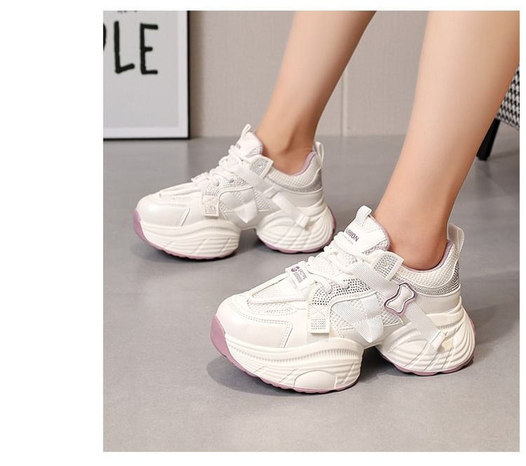 Lace-Up Platform Mesh Panel Rhinestone Sneakers Faux Leather